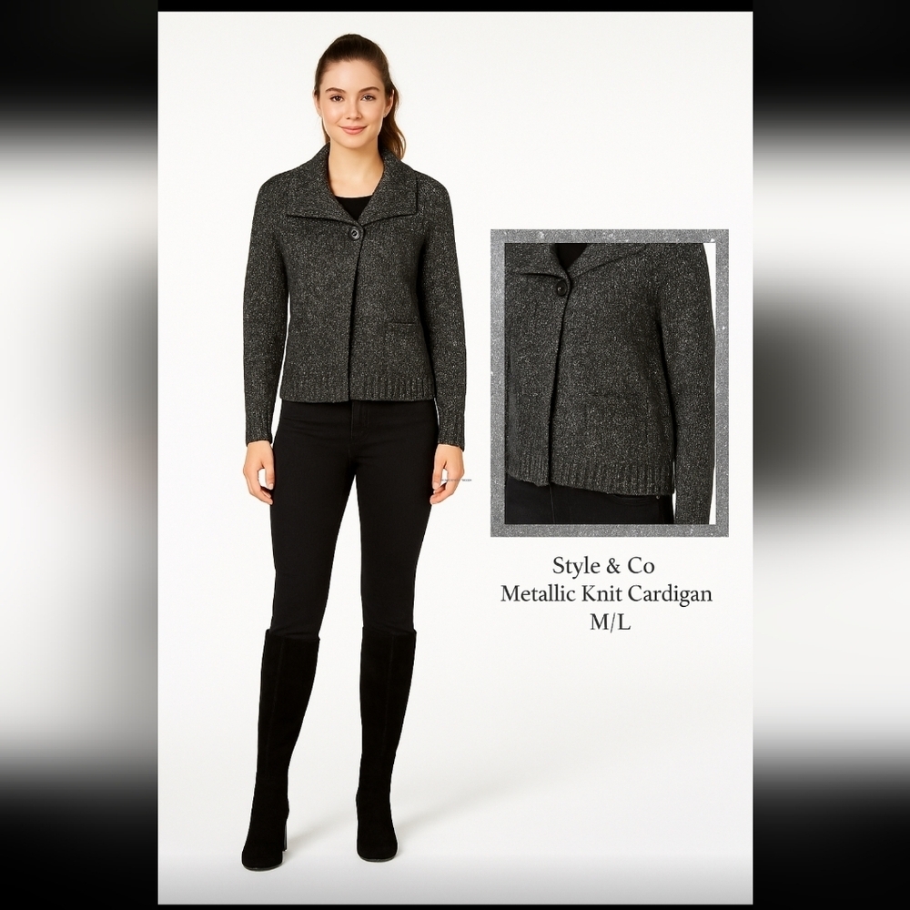 Style & Co M/L Black Metallic Knit Cropped Jacket  Shawl Collar Warm Wool Blend
